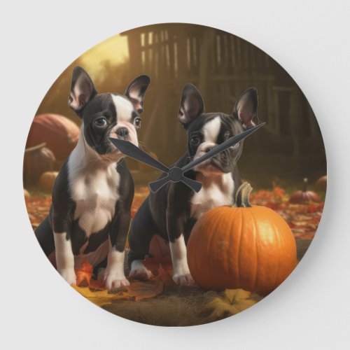 Boston Terrier Puppy Autumn Delight Pumpkin Large Clock