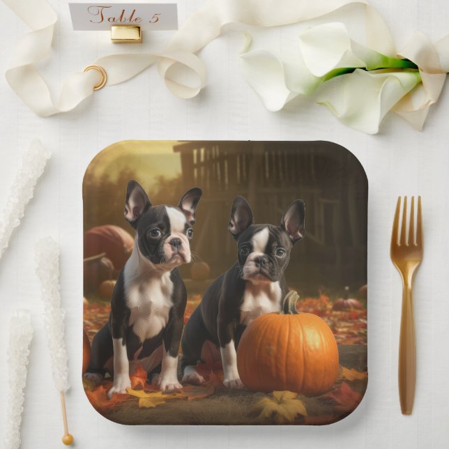Boston Terrier Puppy Autumn Delight Pumpkin Paper Plates (Wedding)