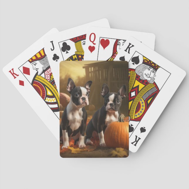 Boston Terrier Puppy Autumn Delight Pumpkin Poker Cards (Back)
