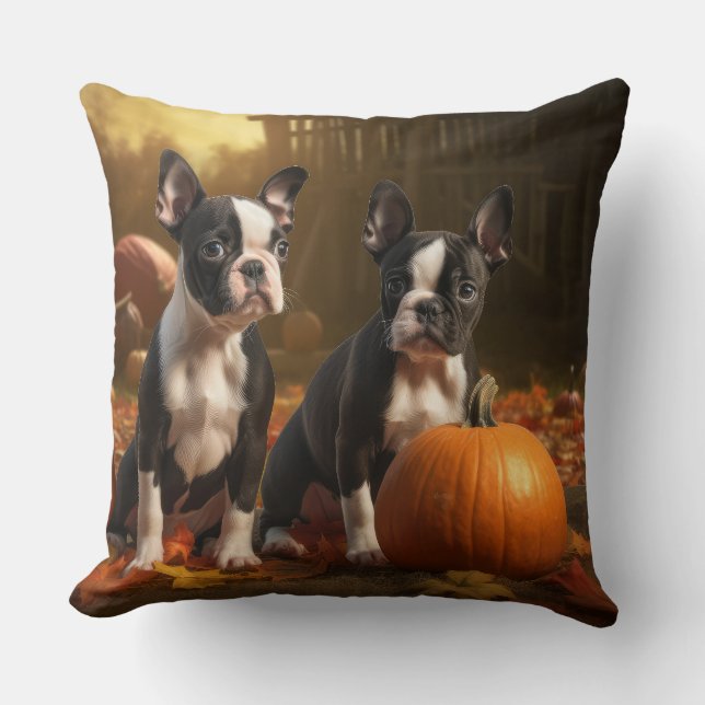 Boston Terrier Puppy Autumn Delight Pumpkin Throw Pillow (Front)