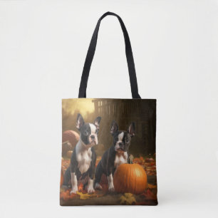 Boston Terrier Puppy Autumn Delight Pumpkin Tote Bag