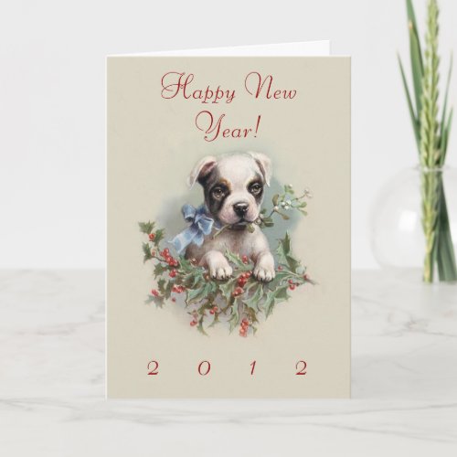 Boston Terrier Puppy _ Cute Vintage New Years Dog Holiday Card