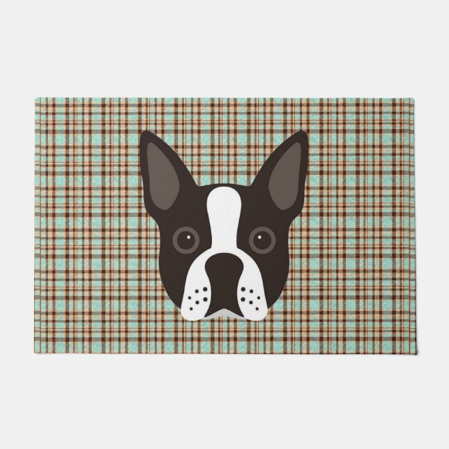 Boston Terrier Puppy Dog Tartan Plaid Doormat (Front)