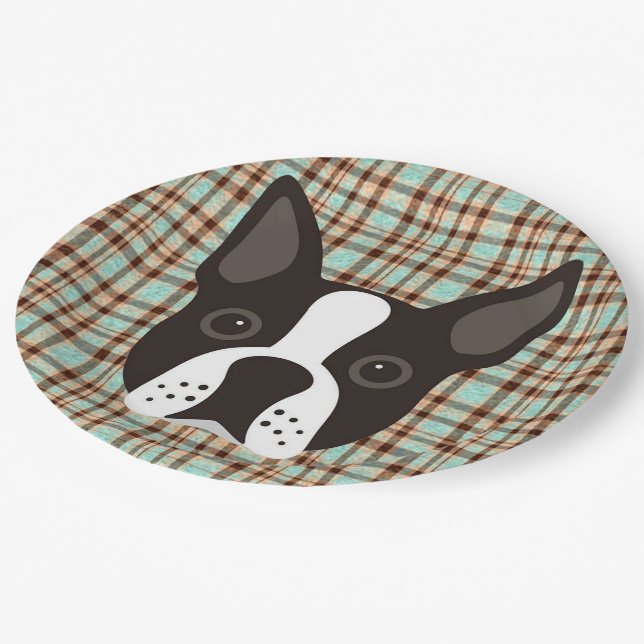 Boston Terrier Puppy Dog Tartan Plaid Paper Plates (Angled)