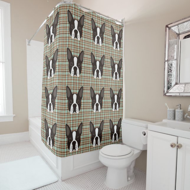 Boston Terrier Puppy Dog Tartan Plaid Shower Curtain (In Situ)