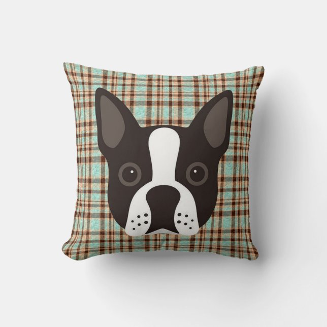 Boston Terrier Puppy Dog Tartan Plaid Throw Pillow (Front)