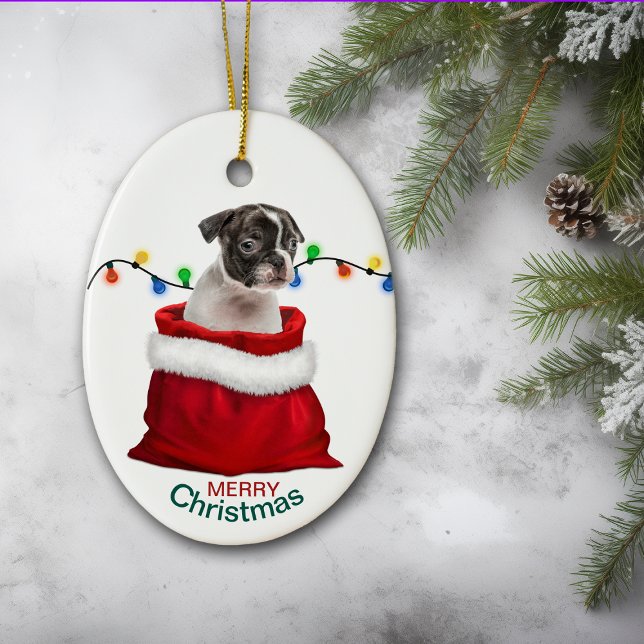 Boston Terrier Puppy in Gift Bag Ceramic Ornament (Creator Uploaded)