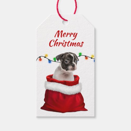 Boston Terrier Puppy in Santa Bag Gift Tags