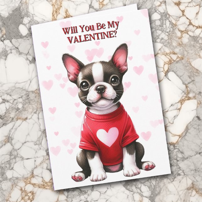 Boston Terrier Puppy in Sweater Valentine Holiday Card (Creator Uploaded)