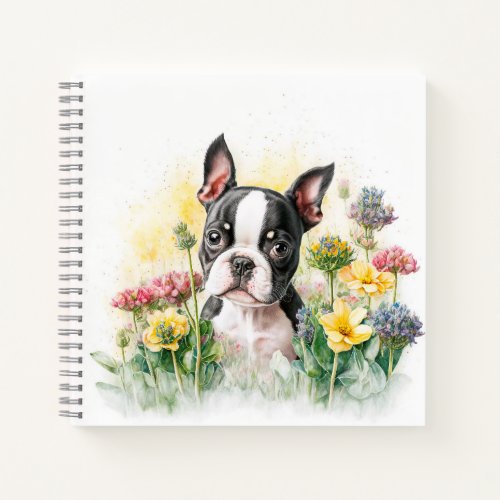 Boston Terrier Puppy Surrounded by Wildflowers Notebook