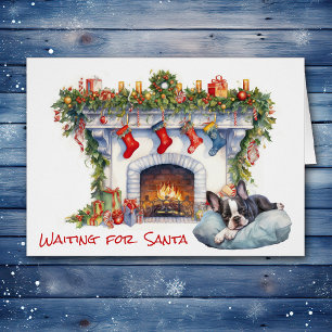 Boston Terrier Puppy Wait on Santa Fireplace Cards