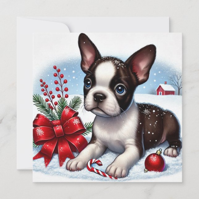  Boston Terrier Puppy With Christmas Decorations Holiday Card (Front)