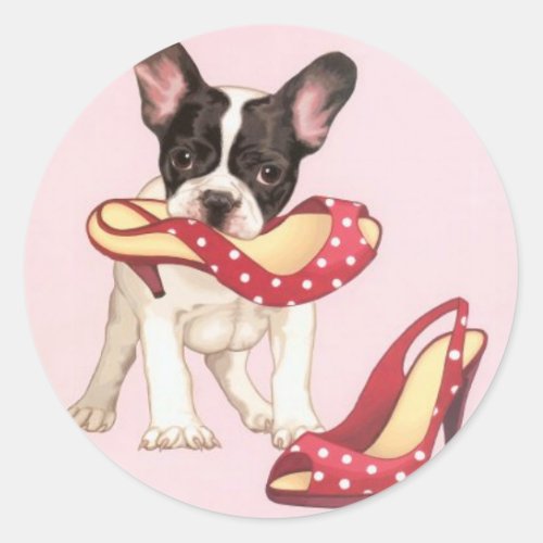 Boston Terrier Puppy With Shoes Classic Round Sticker