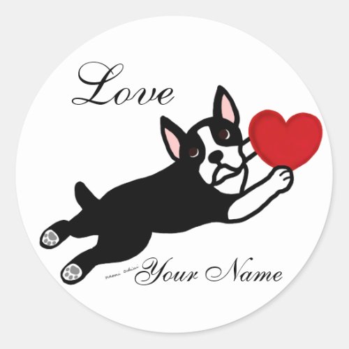 Boston Terrier  Red Heart Cartoon Classic Round Sticker