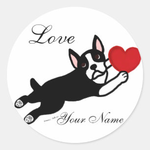 Boston Terrier & Red Heart Cartoon Classic Round Sticker