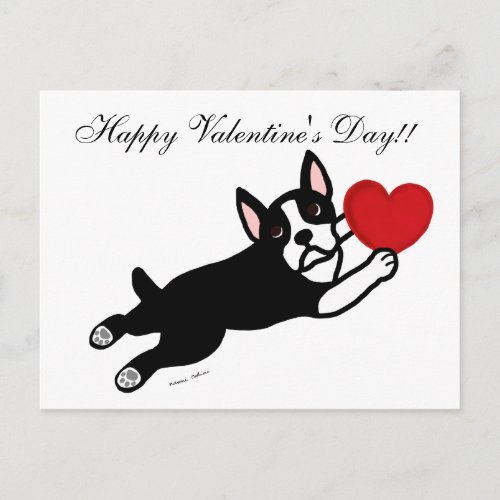 Boston Terrier  Red Heart Cartoon Holiday Postcard