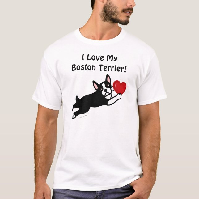 Boston Terrier & Red Heart Cartoon T-Shirt (Front)