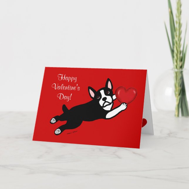 Boston Terrier & Red Heart Valentine Holiday Card (Front)