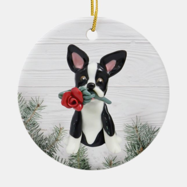 Boston Terrier Red Rose Christmas ornament (Front)