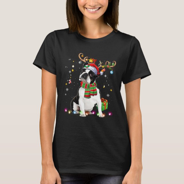 Boston Terrier Reindder Santa Hat Christmas Tree L T-Shirt (Front)