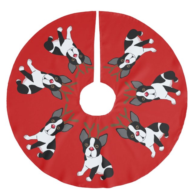 Boston Terrier Reindeer Christmas Tree Skirt (Front)