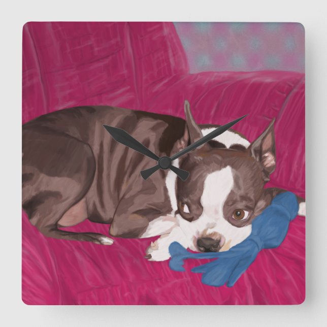 Boston Terrier Resting on Red Couch -Digital Paint Square Wall Clock (Front)