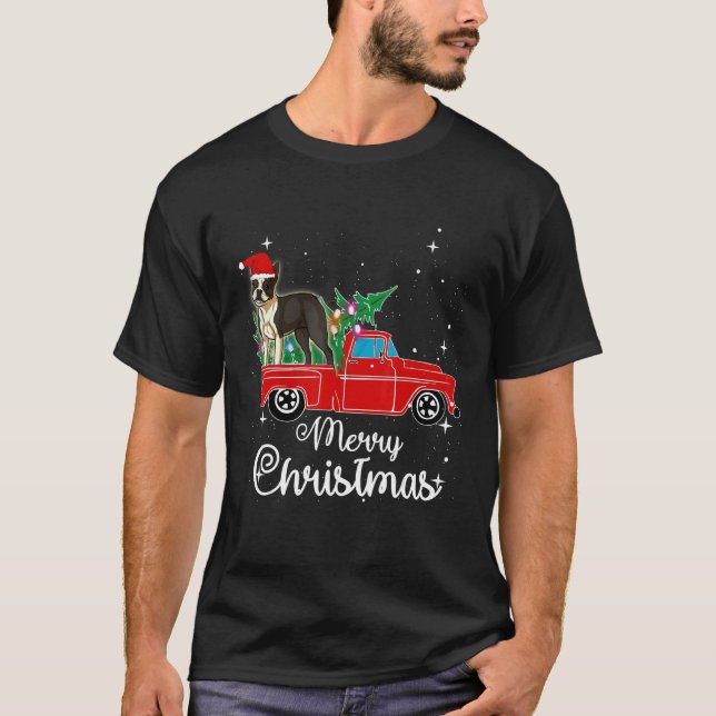 Boston Terrier Ride Red Truck Christmas T-Shirt (Front)
