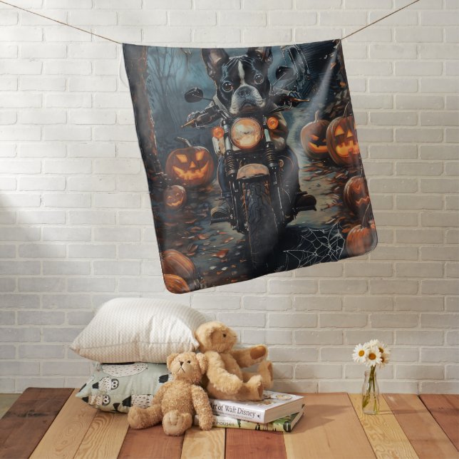 Boston Terrier Riding Motorcycle Halloween Scary Baby Blanket (In Situ)