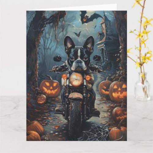 Boston Terrier Riding Motorcycle Halloween Scary Card
