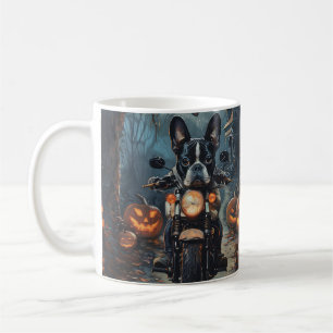 Boston Terrier Riding Motorcycle Halloween Scary Coffee Mug