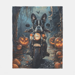 Boston Terrier Riding Motorcycle Halloween Scary Fleece Blanket