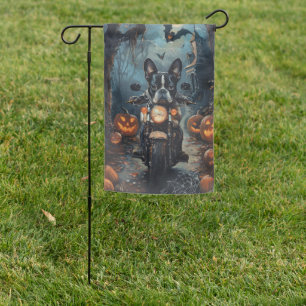 Boston Terrier Riding Motorcycle Halloween Scary Garden Flag
