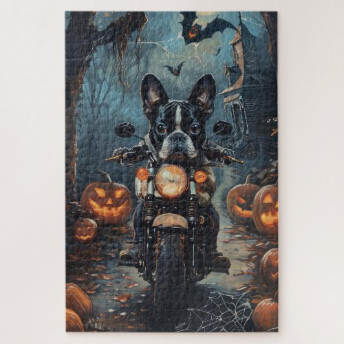 Boston Terrier Riding Motorcycle Halloween Scary Jigsaw Puzzle