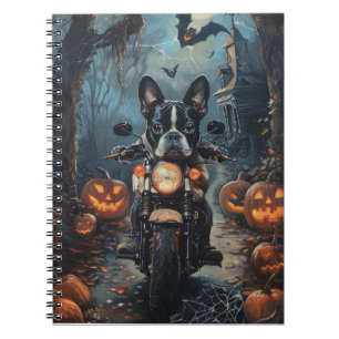 Boston Terrier Riding Motorcycle Halloween Scary Notebook