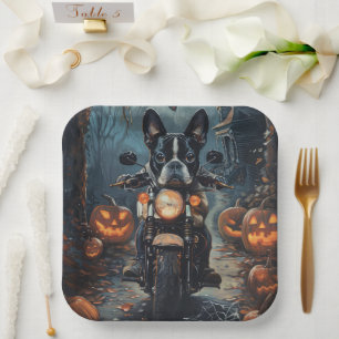 Boston Terrier Riding Motorcycle Halloween Scary Paper Plates