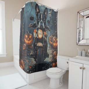 Boston Terrier Riding Motorcycle Halloween Scary Shower Curtain