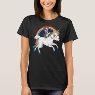 Boston Terrier Riding Unicorn Rainbow Girls and Bo T-Shirt