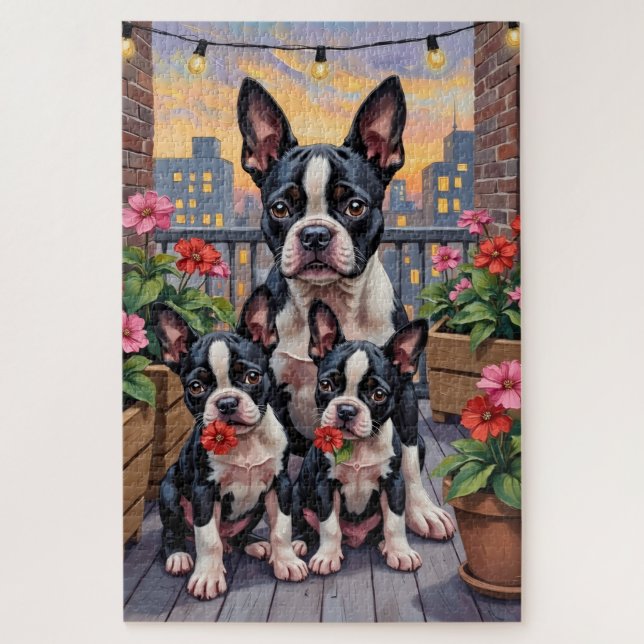 Boston Terrier Rooftop Garden Art Jigsaw Puzzle (Vertical)