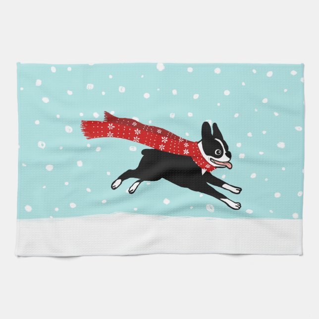 Boston Terrier Running in the Snow - Holiday Dog Kitchen Towel (Horizontal)