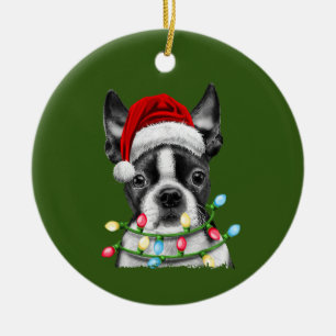 Boston Terrier Santa Christmas Tree Lights Xmas Ceramic Ornament