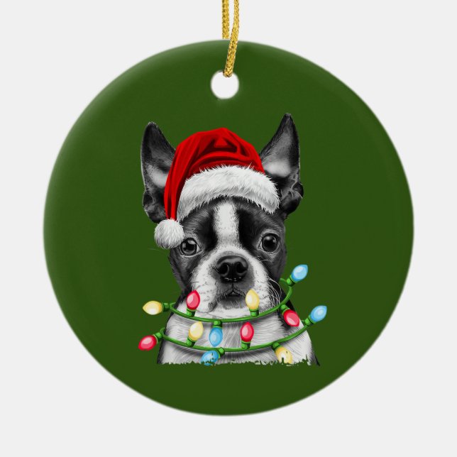 Boston Terrier Santa Christmas Tree Lights Xmas Ceramic Ornament (Front)