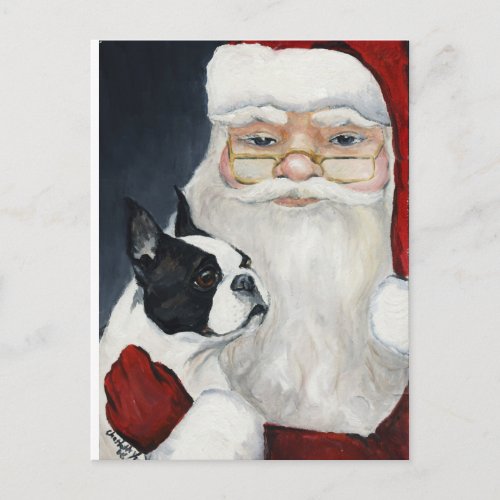 Boston Terrier  Santa Dog Art Christmas Postcard