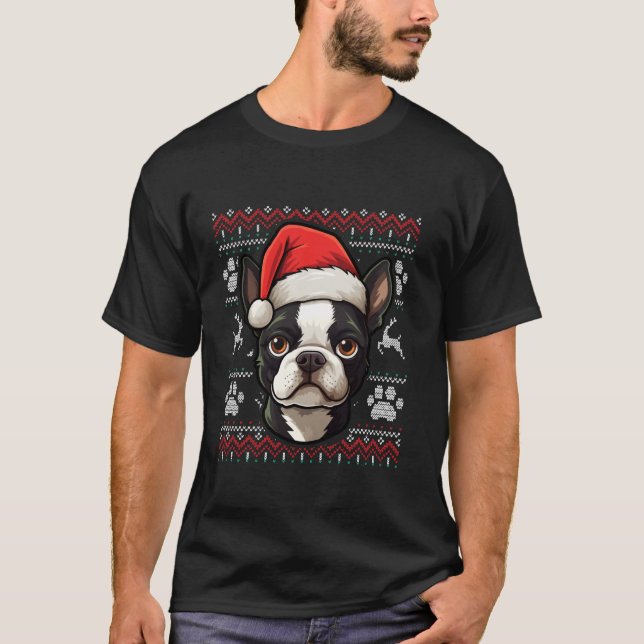 Boston Terrier Santa Hat Christmas Funny Dog Mom D T-Shirt (Front)