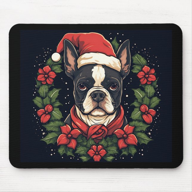 Boston Terrier Santa Hat Holly Christmas Mouse Pad (Front)