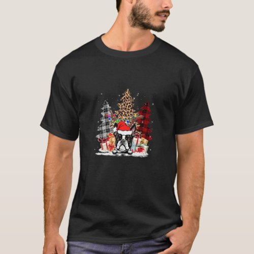 Boston Terrier Santa Hat Light Buffalo Plaid Leopa T_Shirt