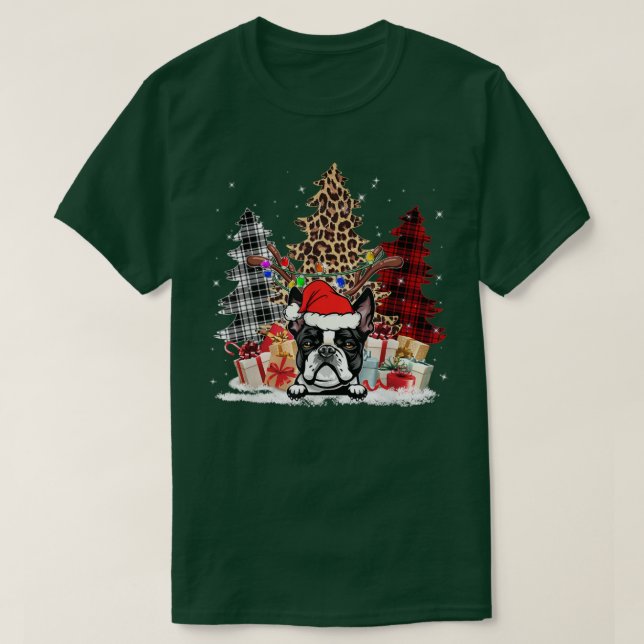 Boston Terrier Santa Hat Light Buffalo Plaid Leopa T-Shirt (Design Front)