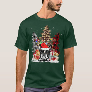 Boston Terrier Santa Hat Light Buffalo Plaid Leopa T-Shirt