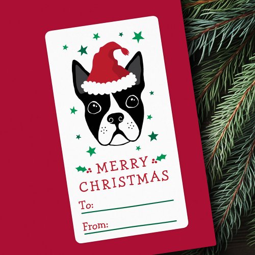 Boston terrier Santa hat Merry Christmas gift tag