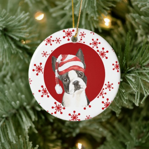 Boston Terrier Santa Hat Red Snowflake Ceramic Ornament