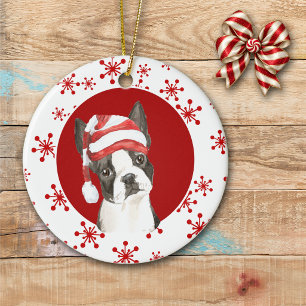 Boston Terrier Santa Hat Red Snowflake Ceramic Ornament